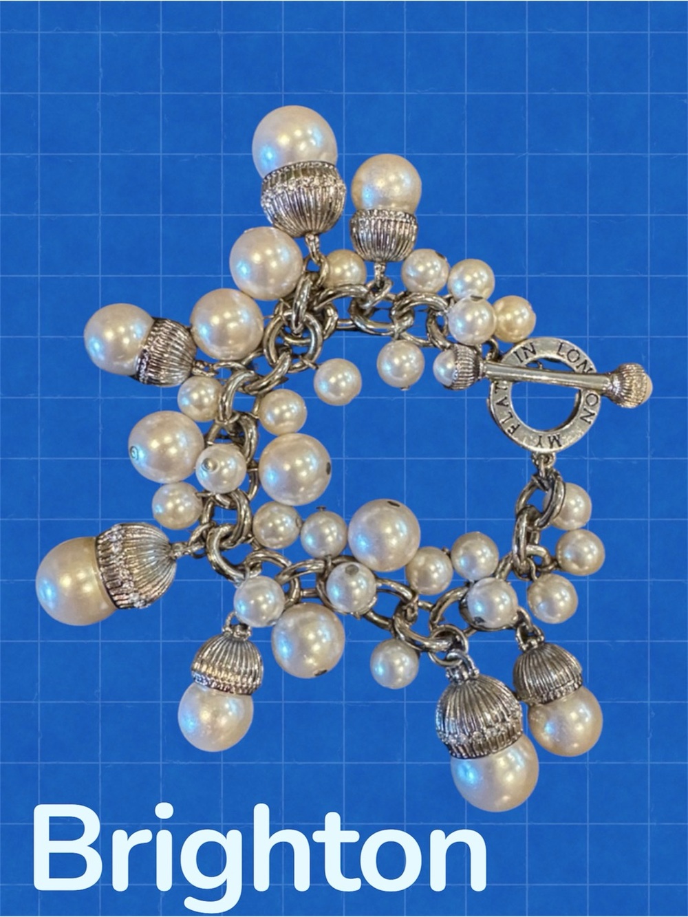 Rare Brighton “My Flat in London” Silver-Tone Chunky Pearl Charm Bracelet